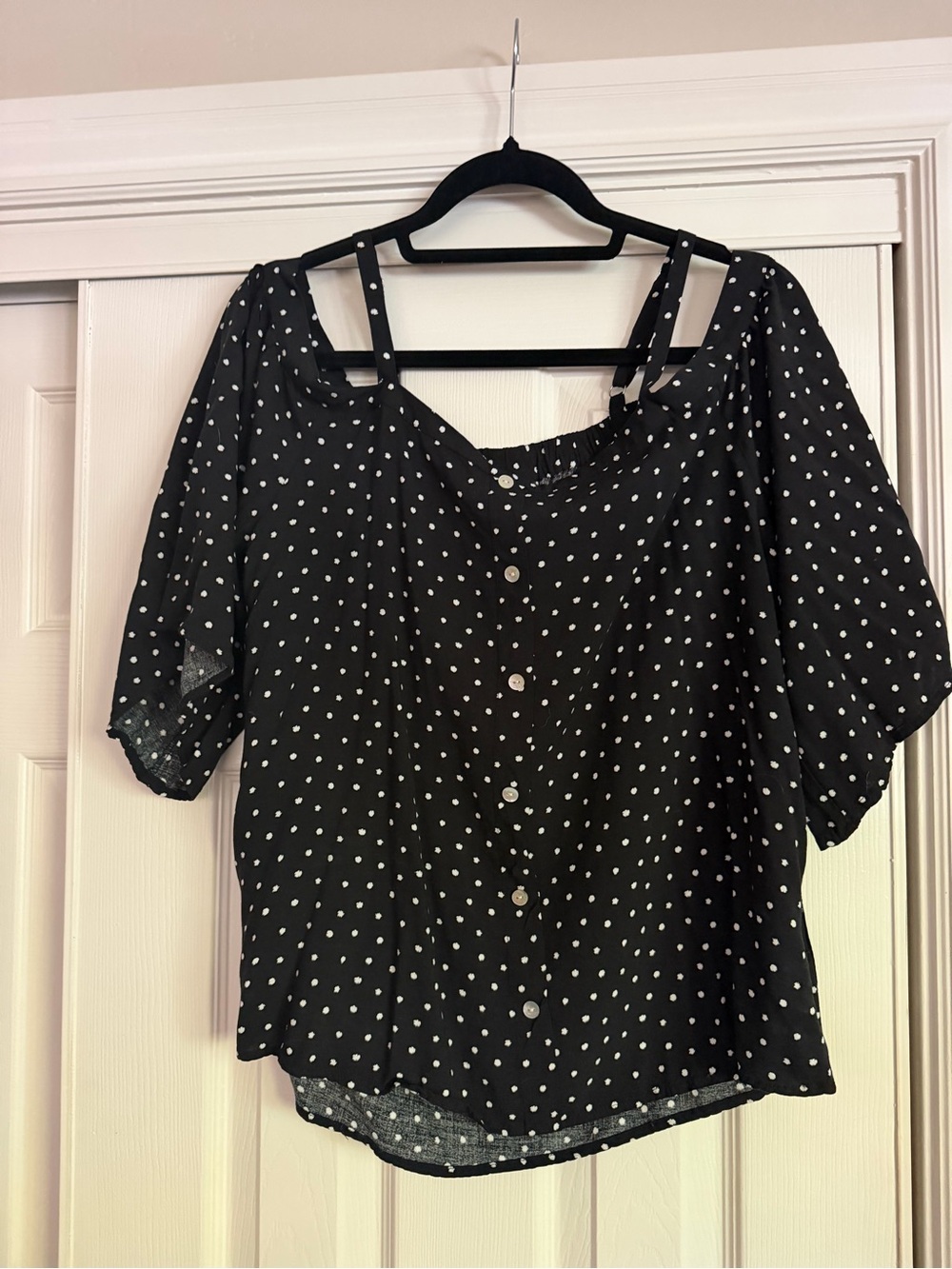 bobeau Black Polka Dot Button-Front Blouse